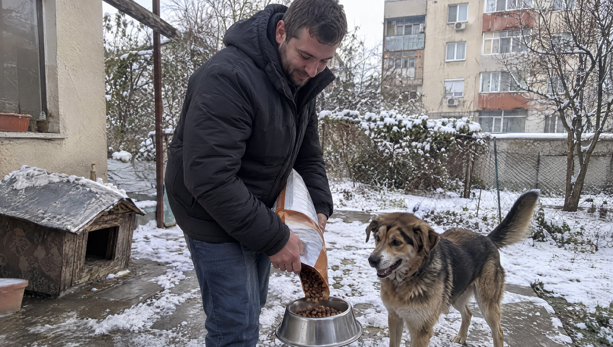 Стопанин сипва храна в купичка на куче в заснежен двор