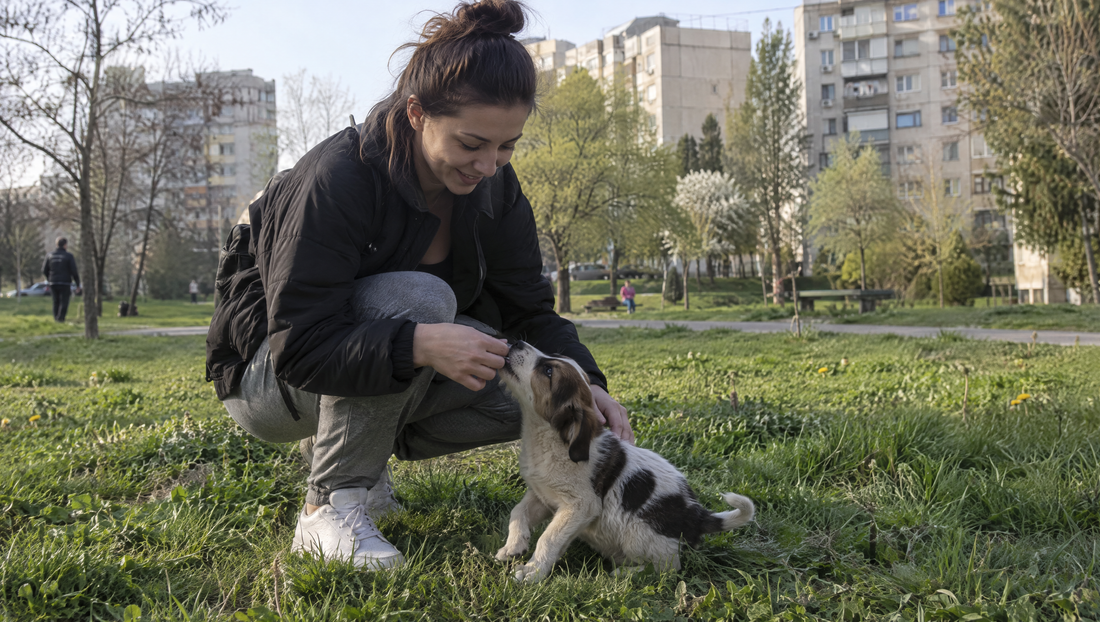 Жена играе с кученце на тревата в парк