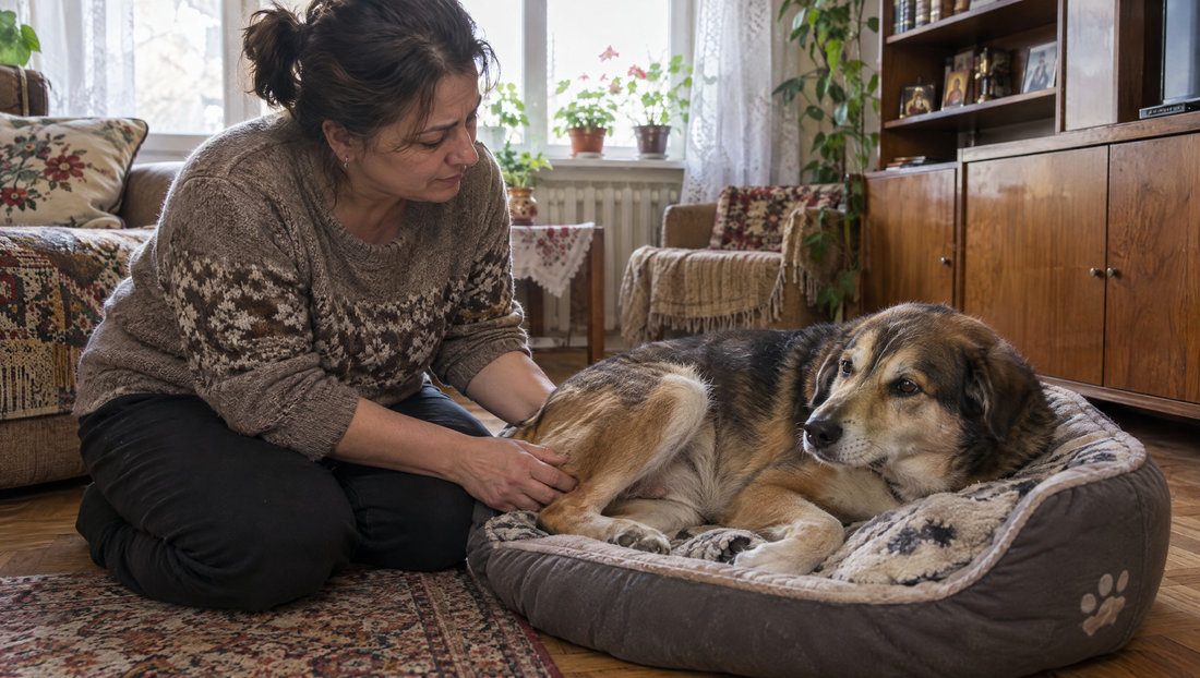 Стопанка внимателно опипва задната лапа на спокойно легнало куче