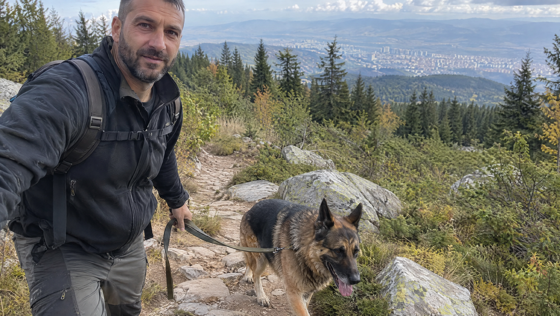 Мъж разхожда немска овчарка на пътека на Витоша