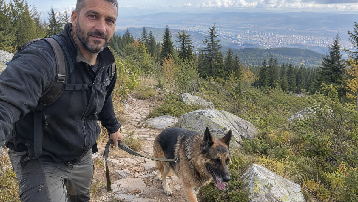 Мъж разхожда немска овчарка на пътека на Витоша