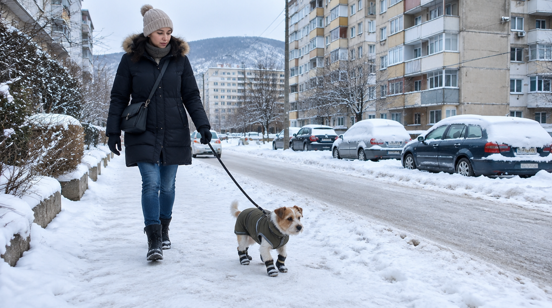 Стопанка разхожда малко куче в палтенце и ботушки по снег в града