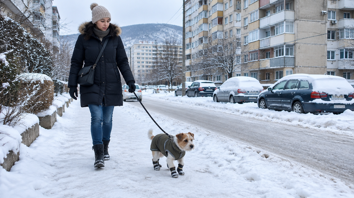 Стопанка разхожда малко куче в палтенце и ботушки по снег в града